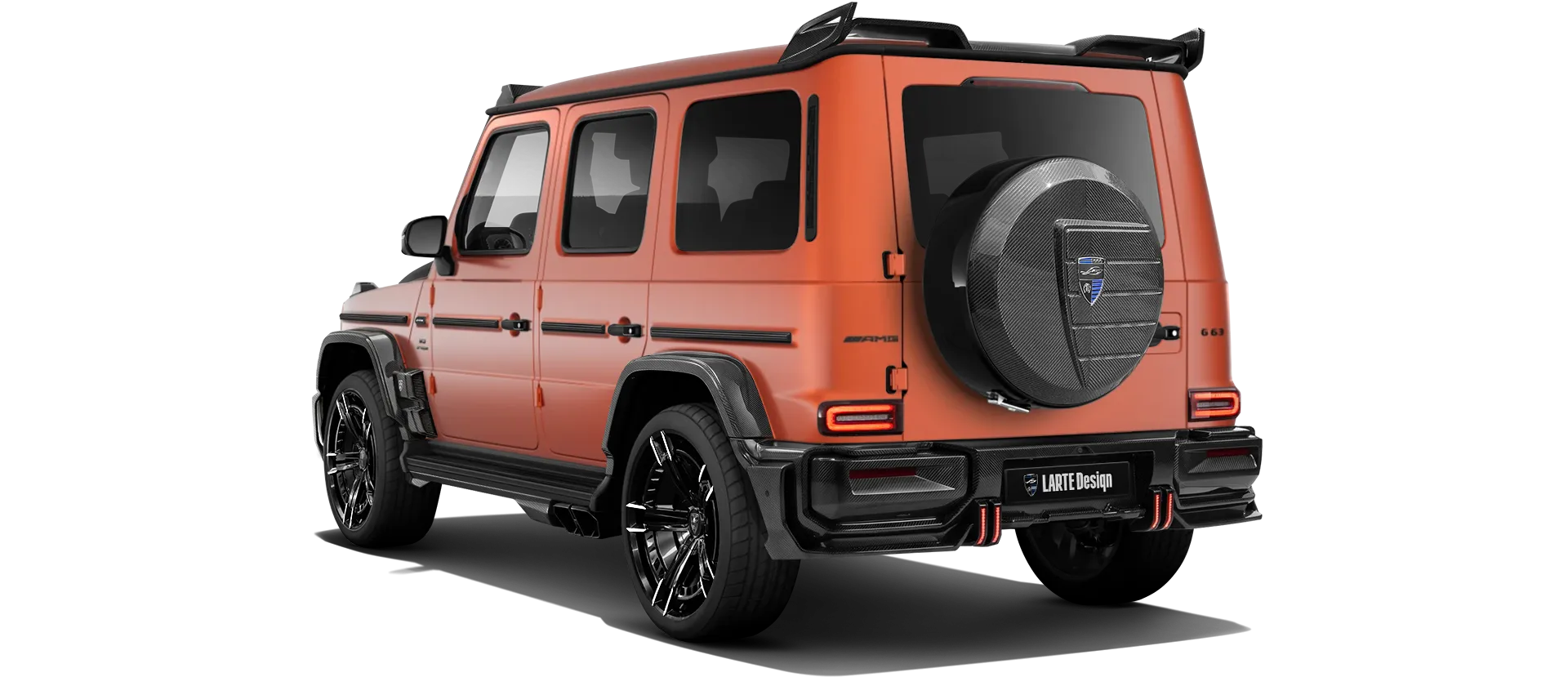 MERCEDES G 63 W463A FACELIFT 2024 - 2026 WIDEBODY with carbon body kit: back view shown in Copper Orange Magno