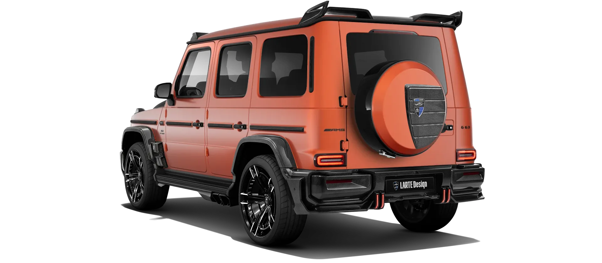 MERCEDES G 63 W463A FACELIFT 2024 - 2026 WIDEBODY with painted body kit: rear view shown in Copper Orange Magno