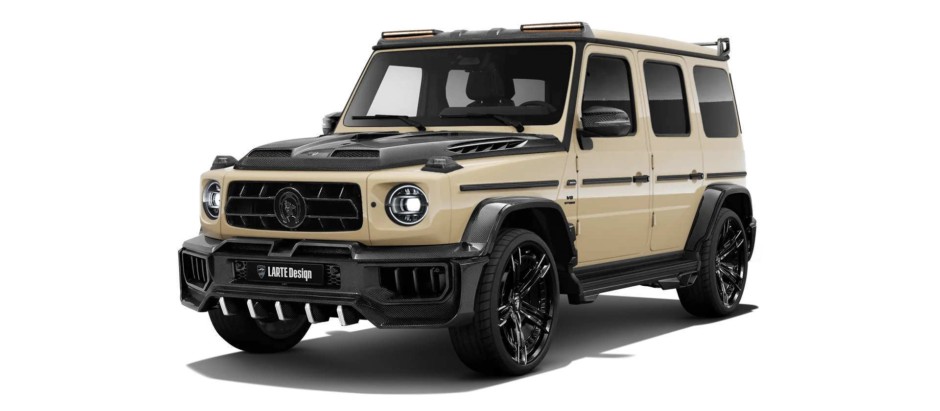 MERCEDES G 63 W463A FACELIFT 2024 - 2026 WIDEBODY with carbon body kit: front view shown in Desert Sand