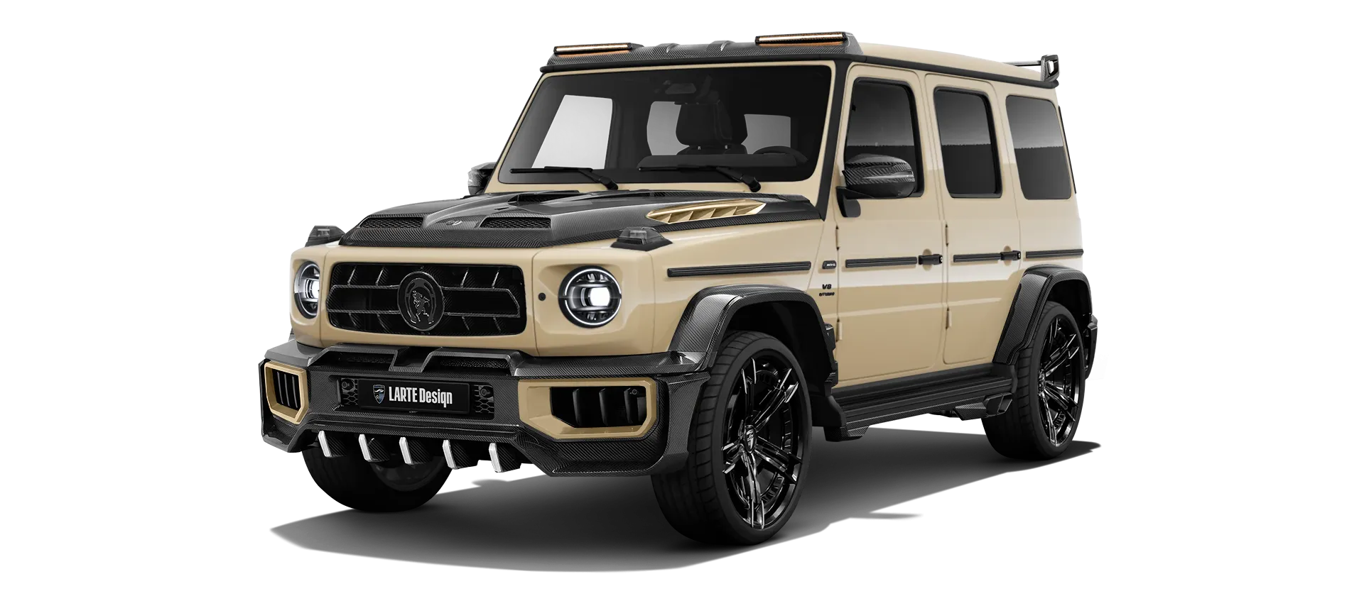 MERCEDES G 63 W463A FACELIFT 2024 - 2026 WIDEBODY with painted body kit: front view shown in Desert Sand