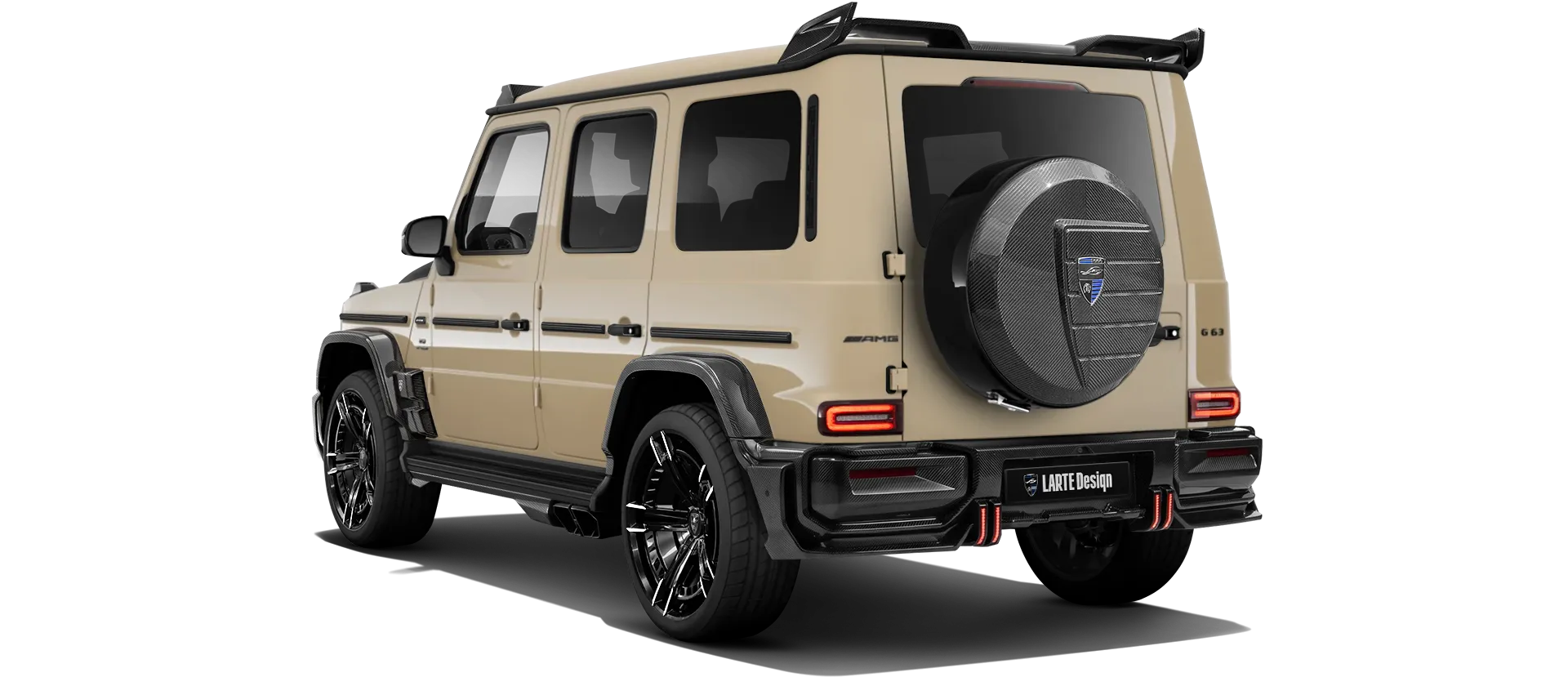 MERCEDES G 63 W463A FACELIFT 2024 - 2026 WIDEBODY with carbon body kit: back view shown in Desert Sand