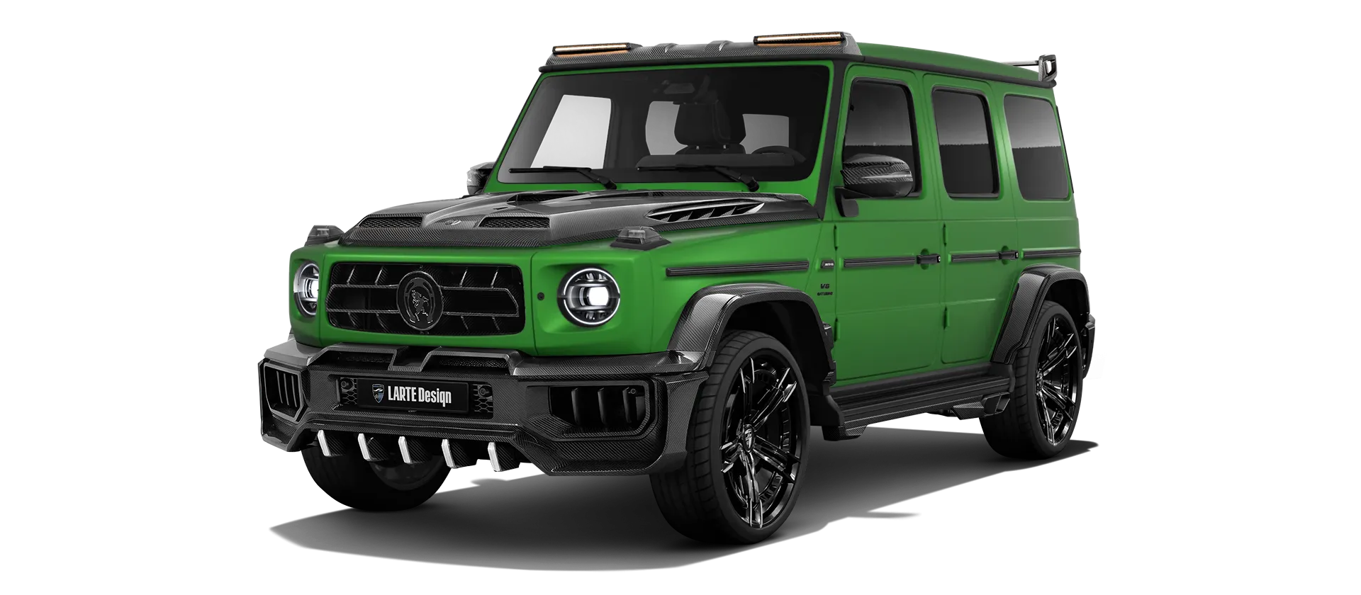 MERCEDES G 63 W463A FACELIFT 2024 - 2026 WIDEBODY with carbon body kit: front view shown in Green Hell Magno