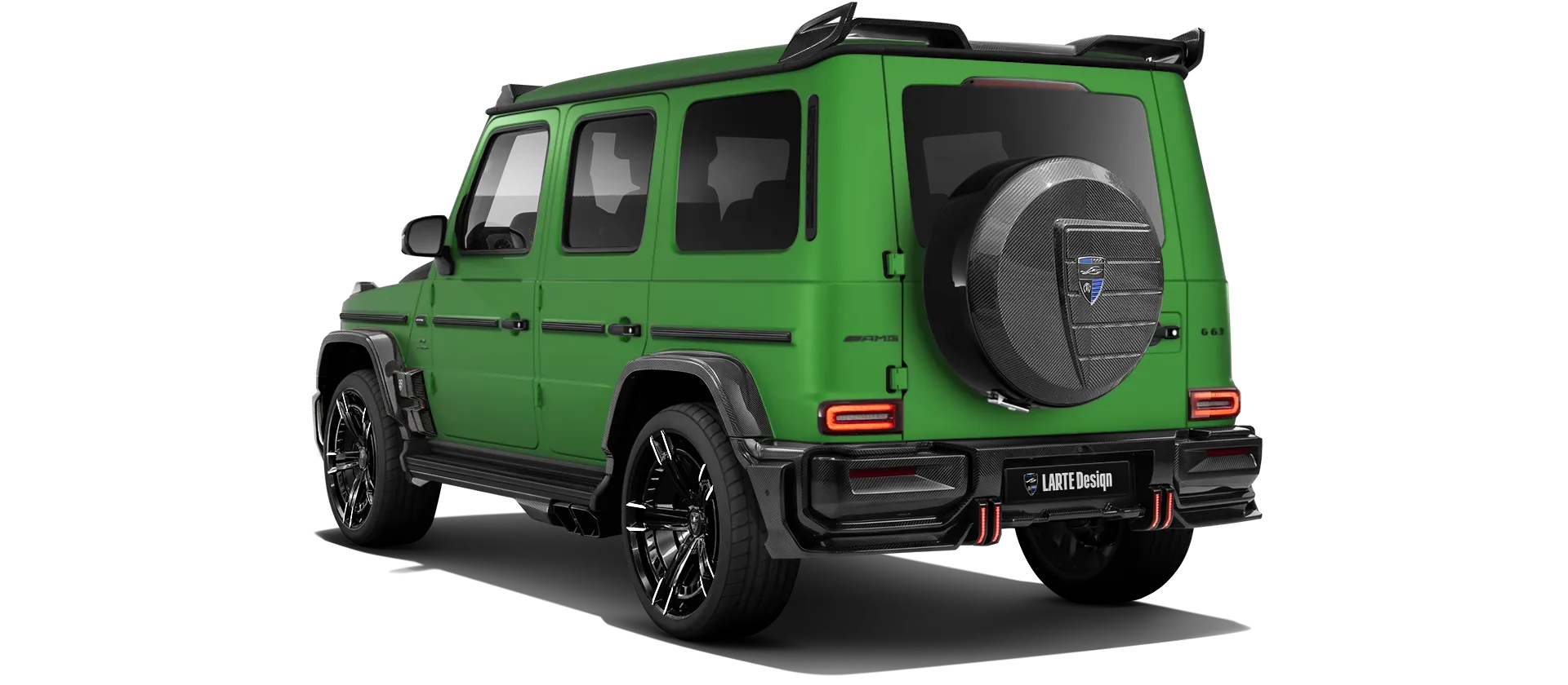 MERCEDES G 63 W463A FACELIFT 2024 - 2026 WIDEBODY with carbon body kit: back view shown in Green Hell Magno