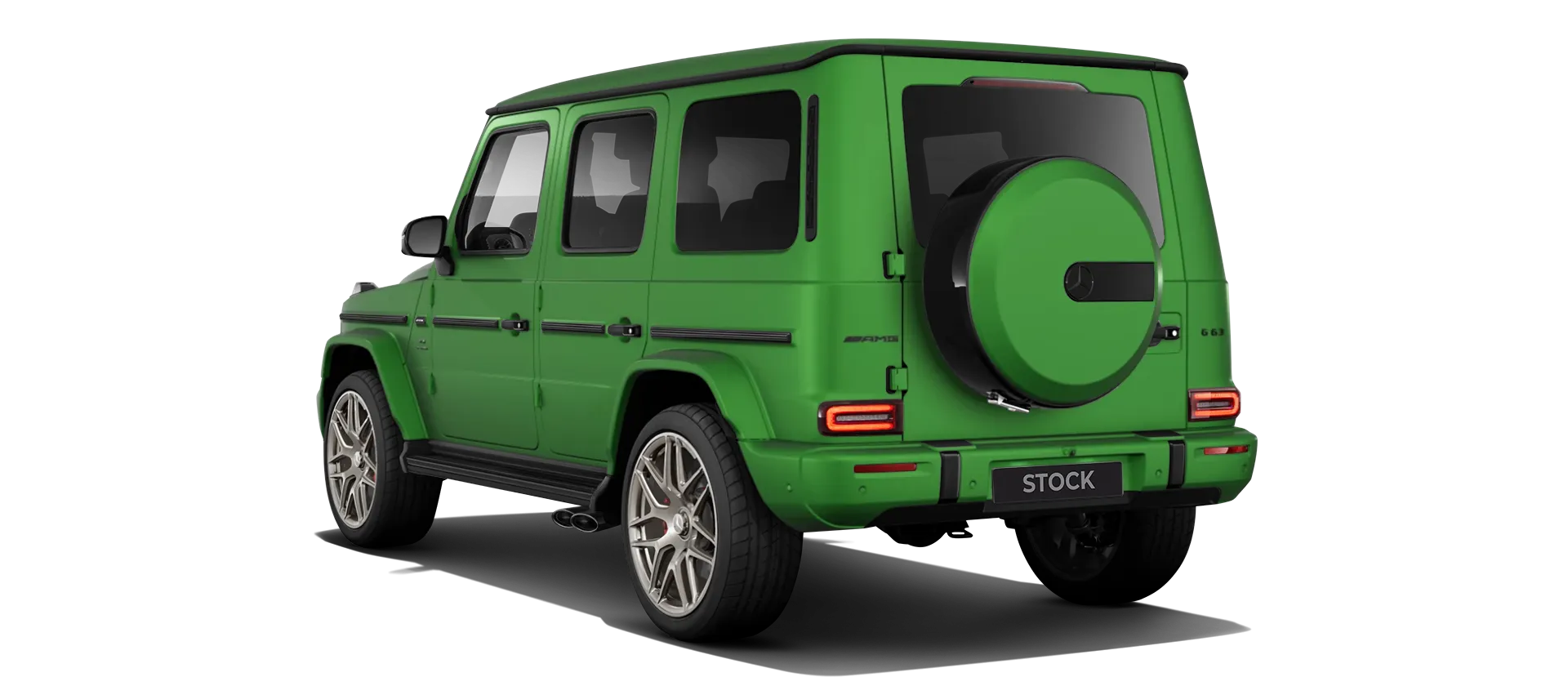 MERCEDES G 63 W463A FACELIFT 2024 - 2026 WIDEBODY stock rear view in Green Hell Magno color