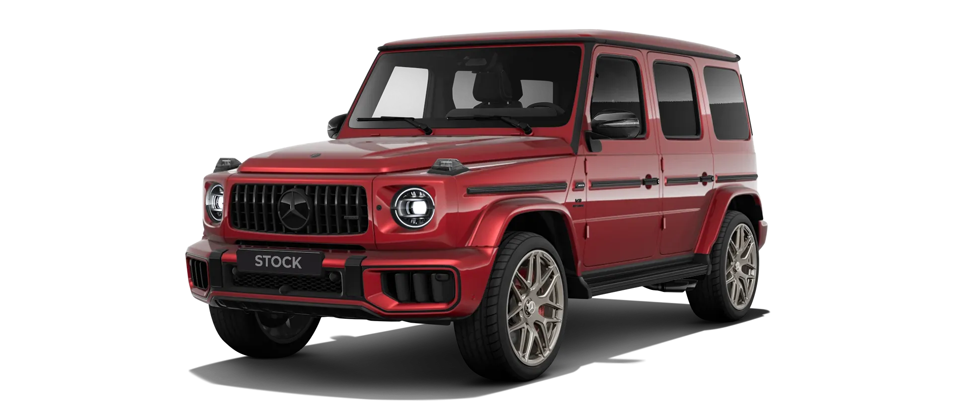 MERCEDES G 63 W463A FACELIFT 2024 - 2026 WIDEBODY stock front view in Hyacinthe Red color