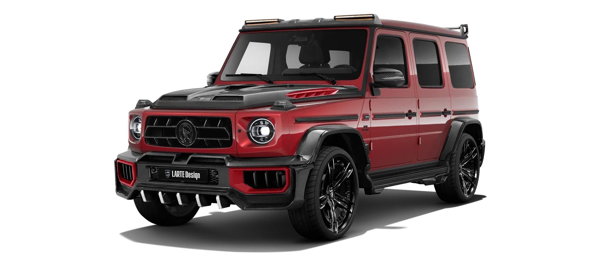 MERCEDES G 63 W463A FACELIFT 2024 - 2026 WIDEBODY with painted body kit: front view shown in Hyacinthe Red