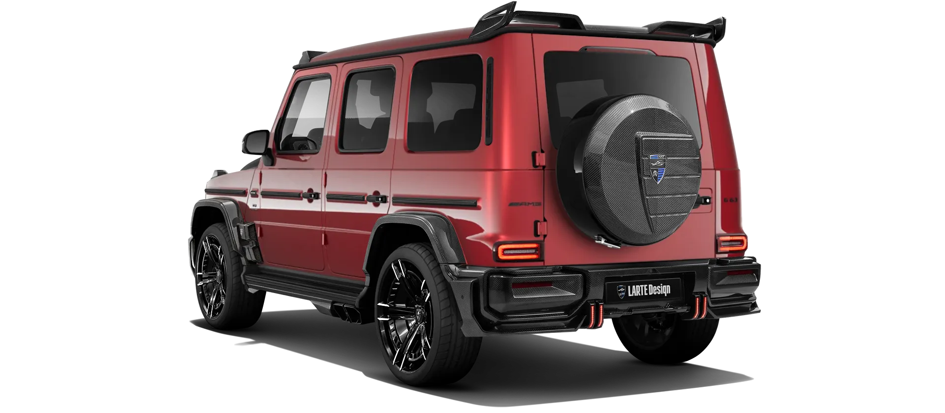 MERCEDES G 63 W463A FACELIFT 2024 - 2026 WIDEBODY with carbon body kit: back view shown in Hyacinthe Red
