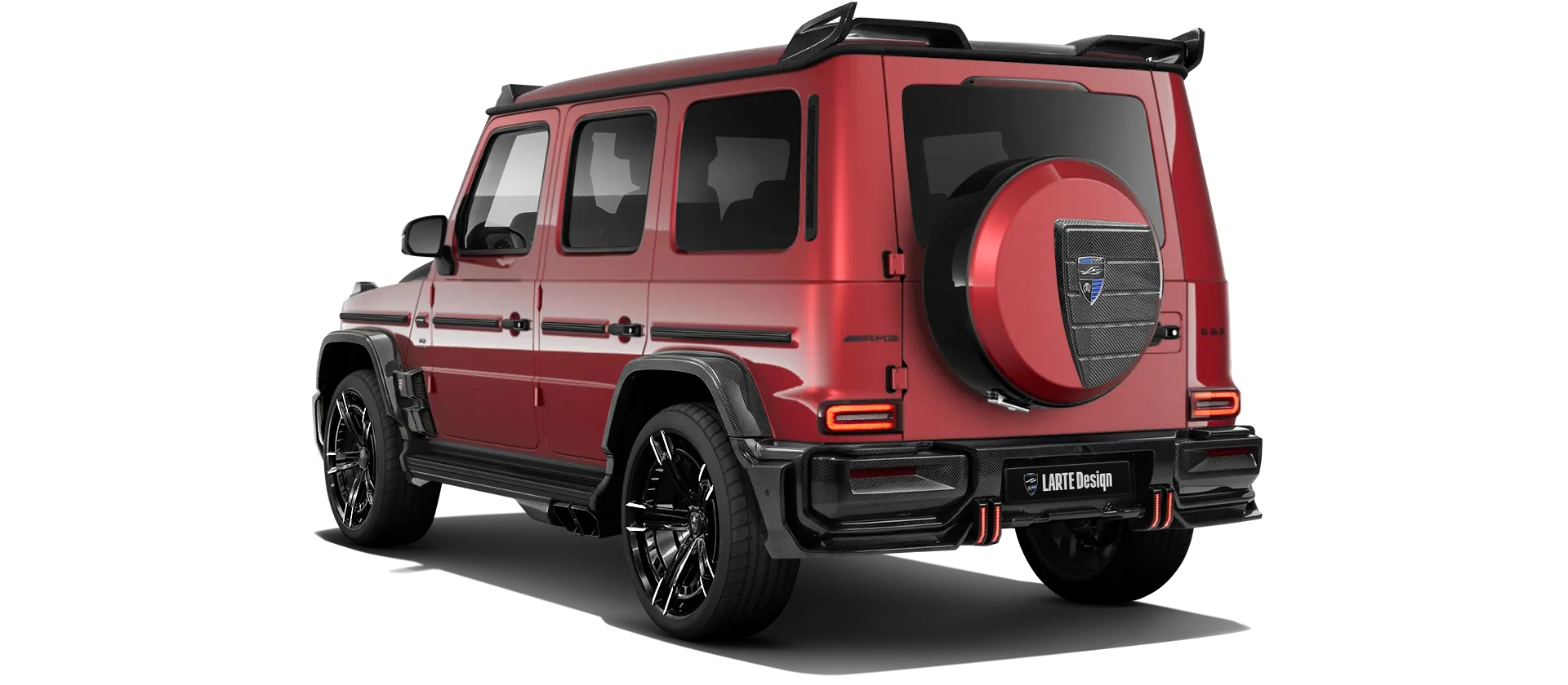 MERCEDES G 63 W463A FACELIFT 2024 - 2026 WIDEBODY with painted body kit: rear view shown in Hyacinthe Red