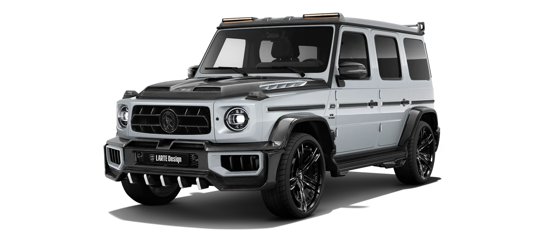 MERCEDES G 63 W463A FACELIFT 2024 - 2026 WIDEBODY with painted body kit: front view shown in Iridium Silver