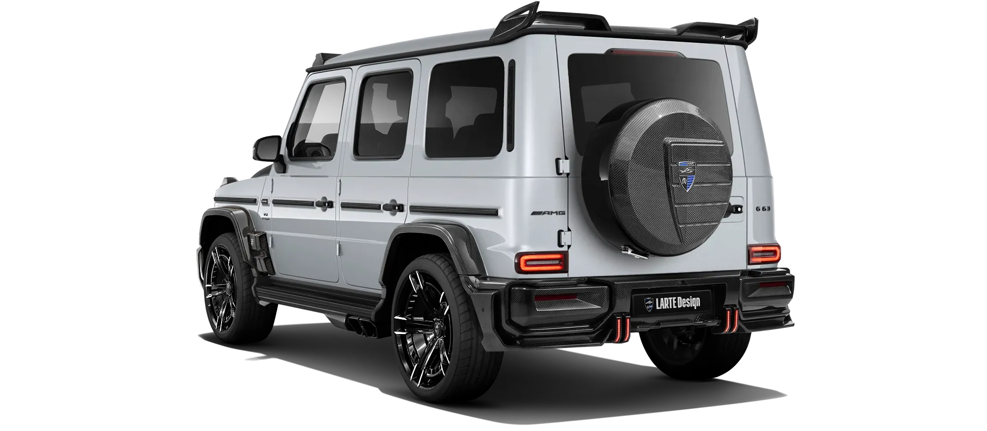 MERCEDES G 63 W463A FACELIFT 2024 - 2026 WIDEBODY with carbon body kit: back view shown in Iridium Silver