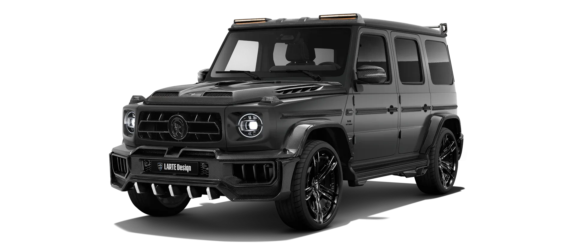 MERCEDES G 63 W463A FACELIFT 2024 - 2026 WIDEBODY with carbon body kit: front view shown in Night Black Magno