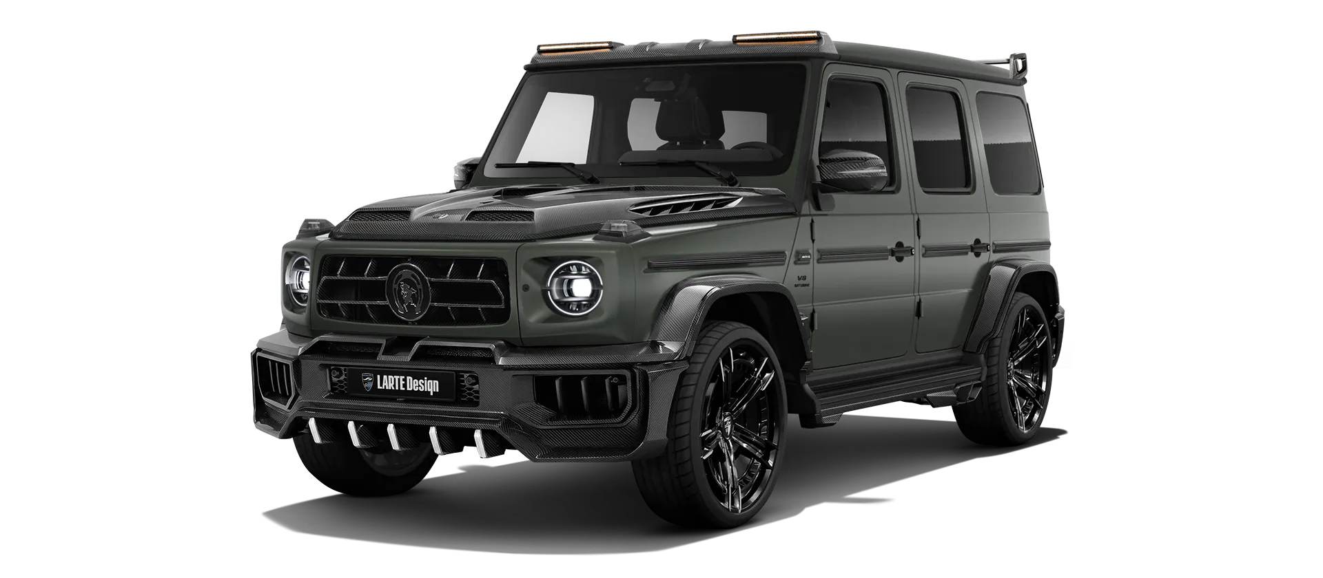 MERCEDES G 63 W463A FACELIFT 2024 - 2026 WIDEBODY with carbon body kit: front view shown in Olive Magno