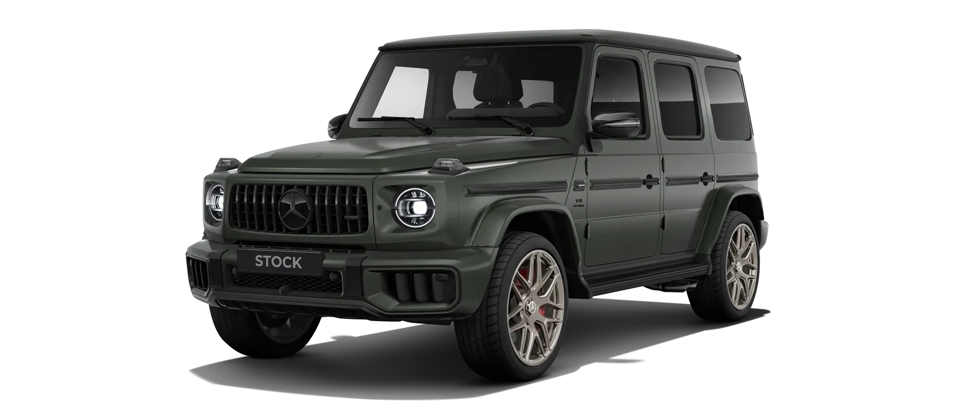 MERCEDES G 63 W463A FACELIFT 2024 - 2026 WIDEBODY stock front view in Olive Magno color