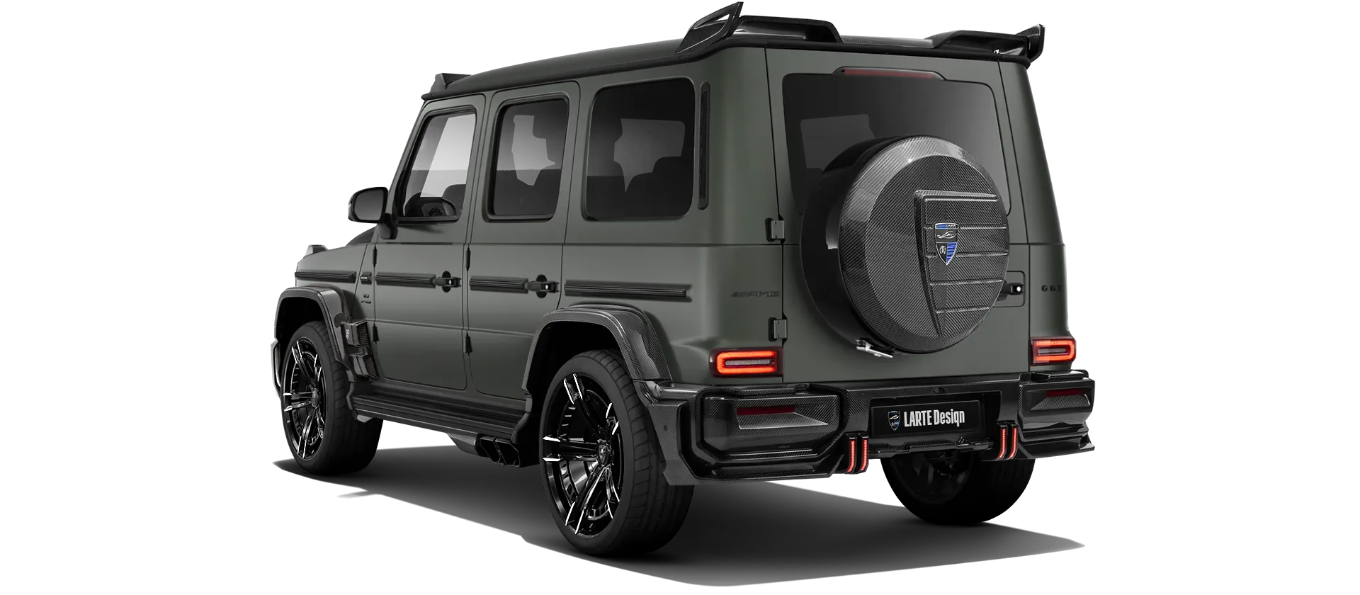 MERCEDES G 63 W463A FACELIFT 2024 - 2026 WIDEBODY with carbon body kit: back view shown in Olive Magno