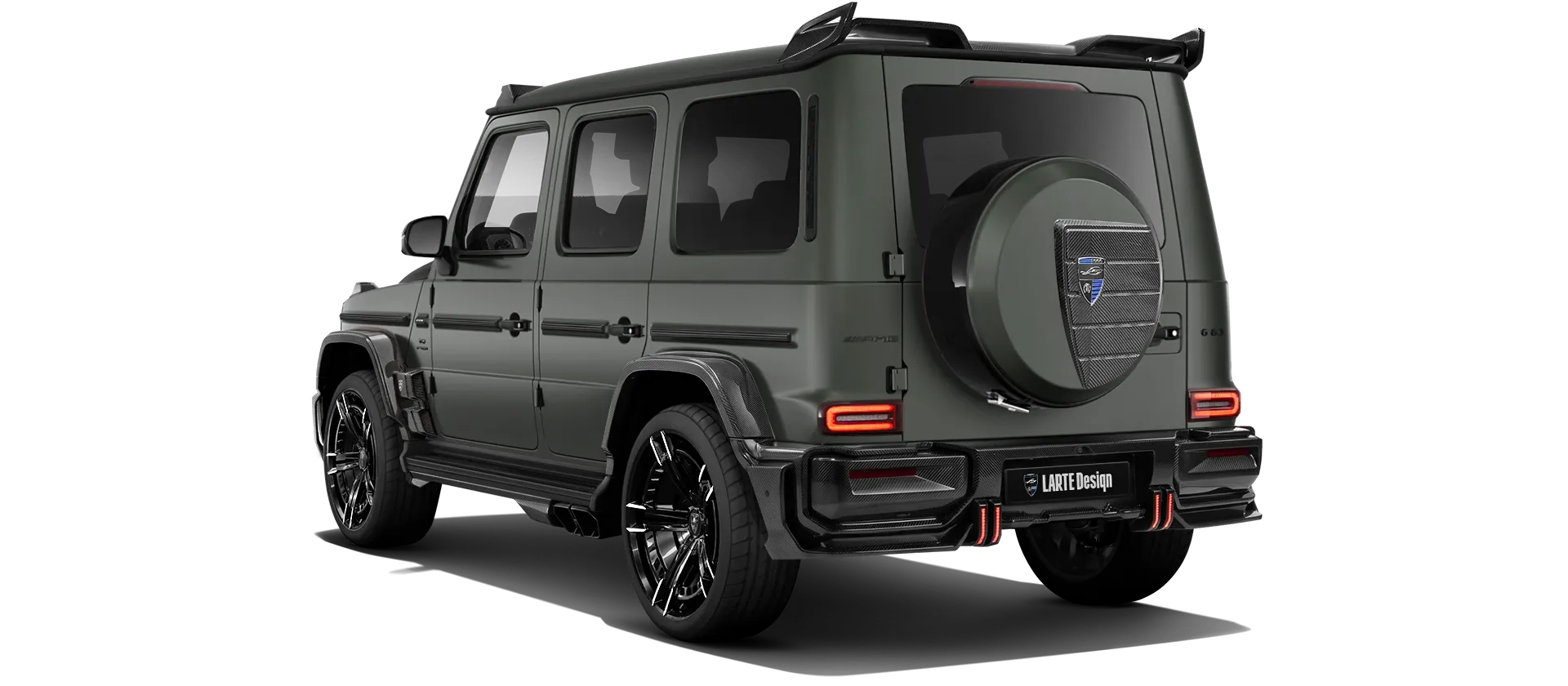 MERCEDES G 63 W463A FACELIFT 2024 - 2026 WIDEBODY with painted body kit: rear view shown in Olive Magno