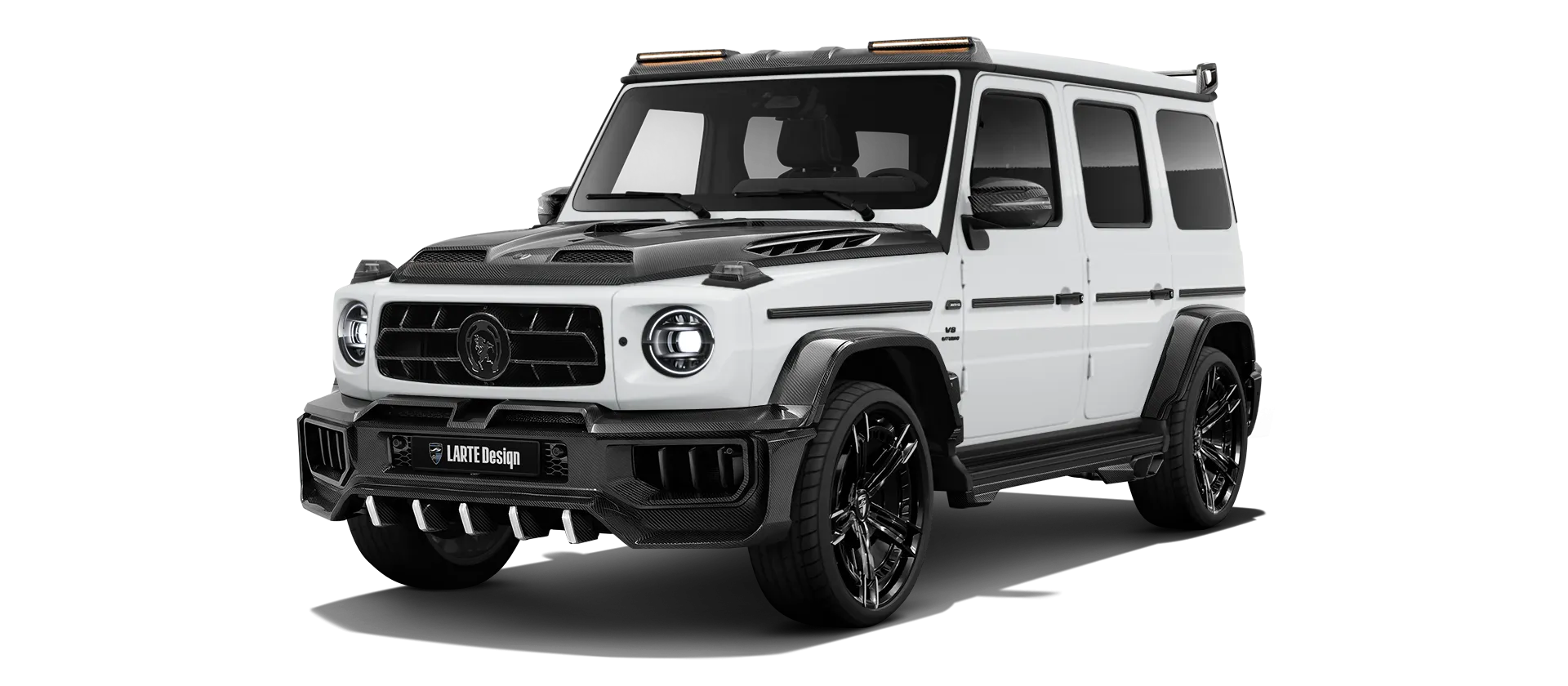 MERCEDES G 63 W463A FACELIFT 2024 - 2026 WIDEBODY with carbon body kit: front view shown in Polar White