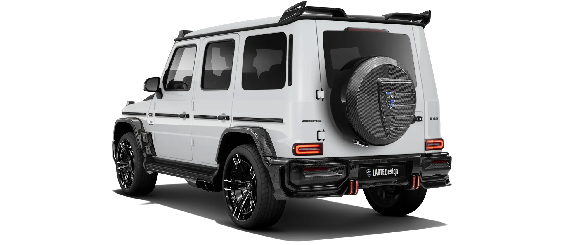 MERCEDES G 63 W463A FACELIFT 2024 - 2026 WIDEBODY with carbon body kit: back view shown in Polar White