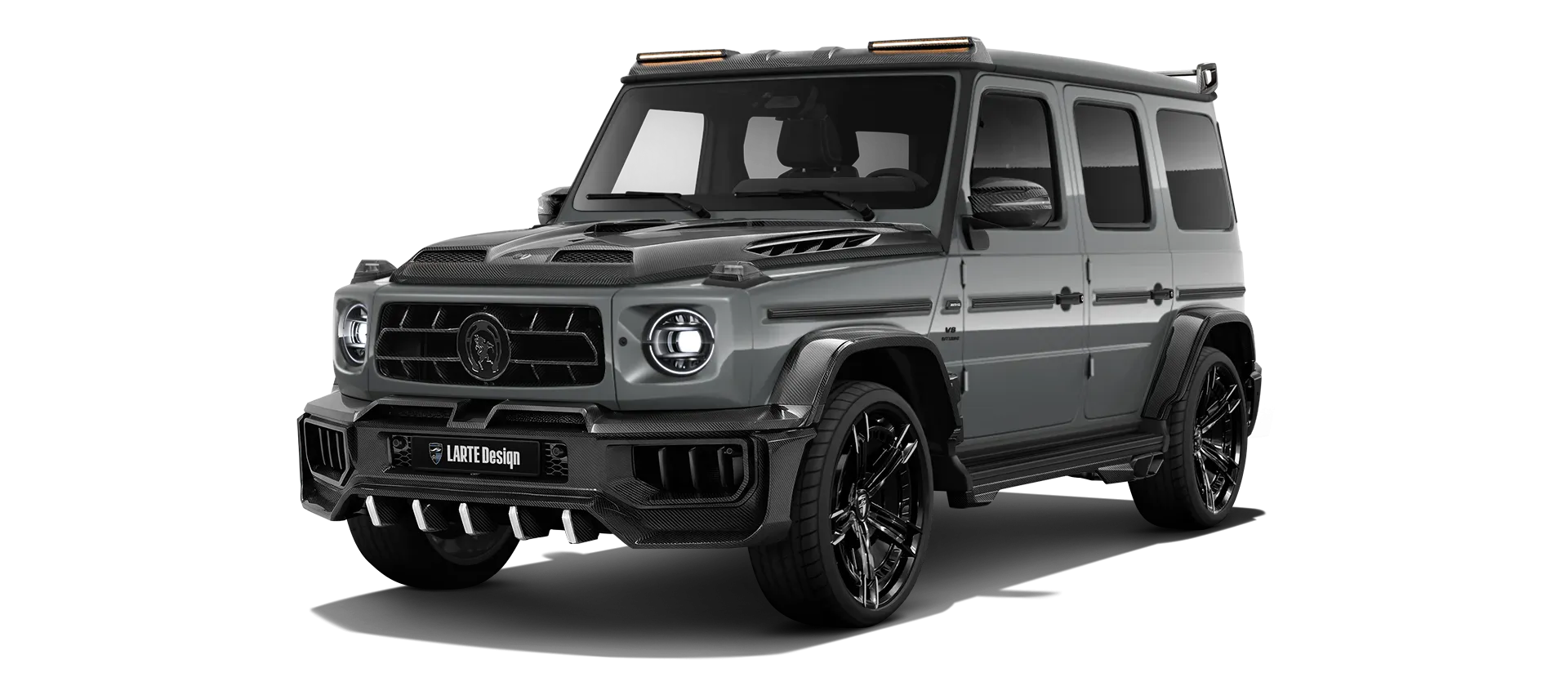 MERCEDES G 63 W463A FACELIFT 2024 - 2026 WIDEBODY with carbon body kit: front view shown in Selenite Grey