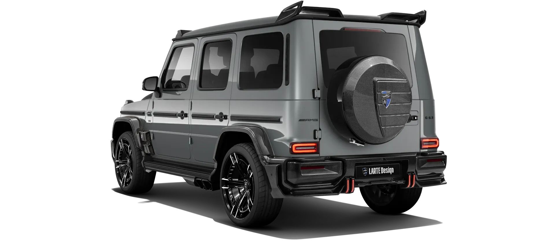 MERCEDES G 63 W463A FACELIFT 2024 - 2026 WIDEBODY with carbon body kit: back view shown in Selenite Grey