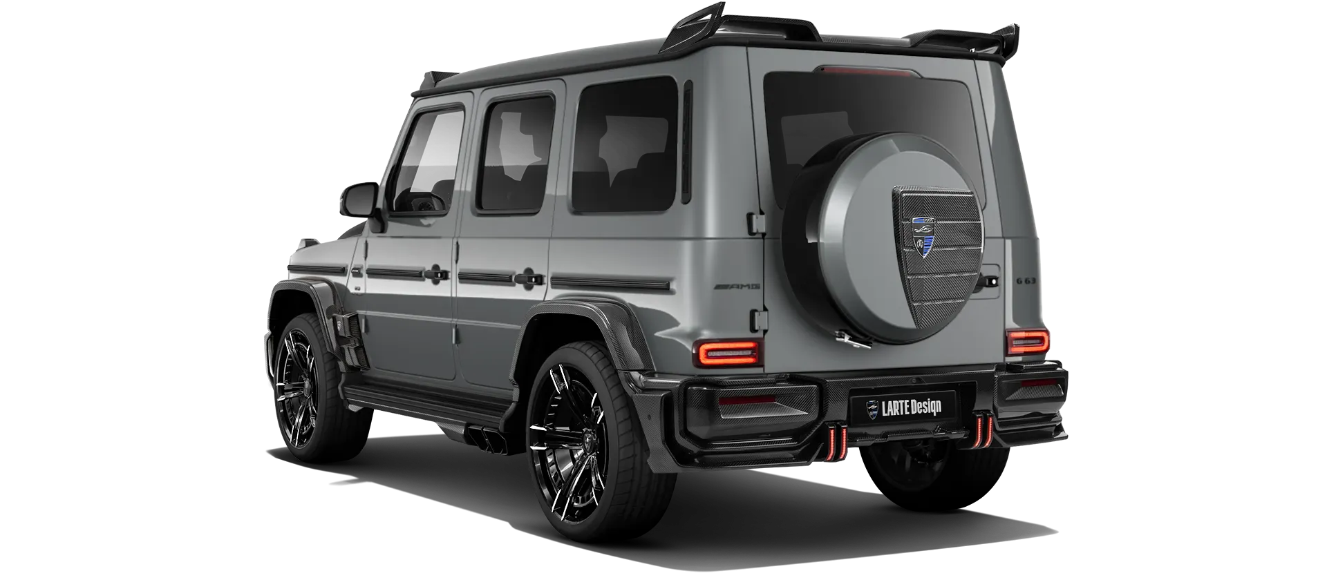 MERCEDES G 63 W463A FACELIFT 2024 - 2026 WIDEBODY with painted body kit: rear view shown in Selenite Grey