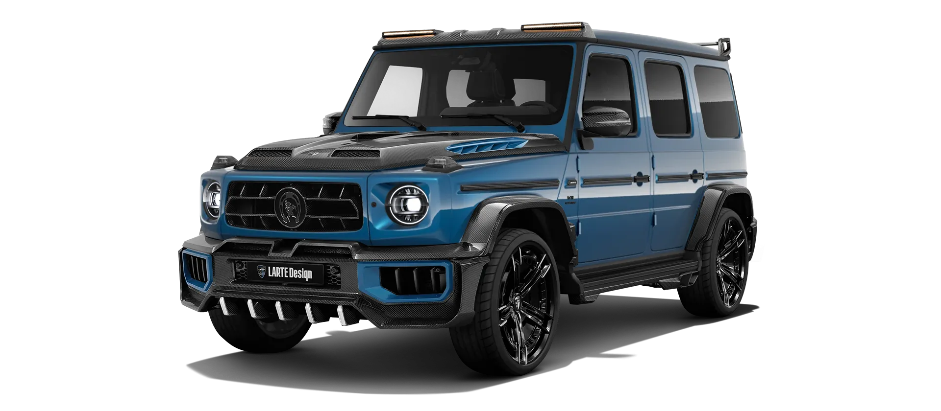 MERCEDES G 63 W463A FACELIFT 2024 - 2026 WIDEBODY with painted body kit: front view shown in South Sea Blue