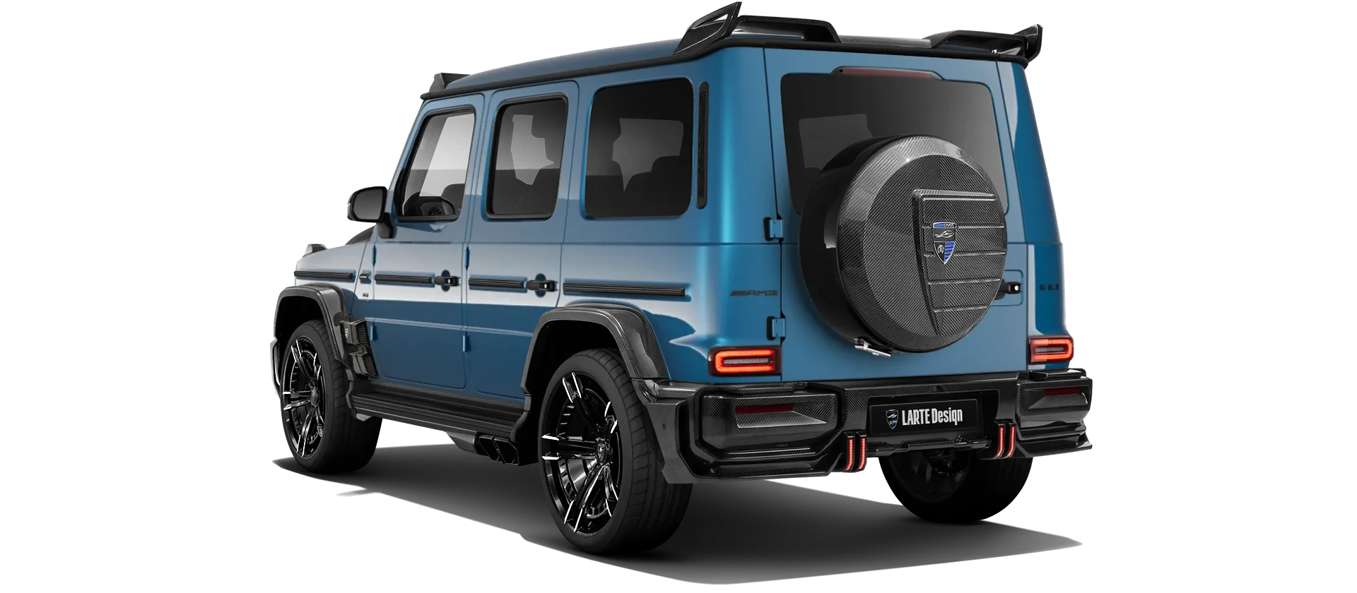 MERCEDES G 63 W463A FACELIFT 2024 - 2026 WIDEBODY with carbon body kit: back view shown in South Sea Blue