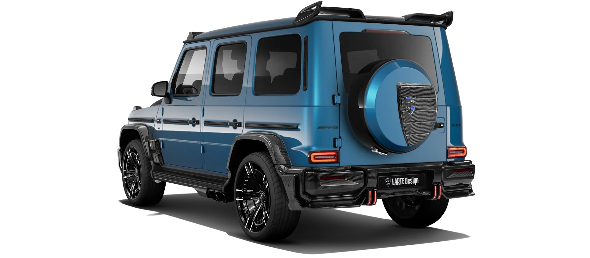 MERCEDES G 63 W463A FACELIFT 2024 - 2026 WIDEBODY with painted body kit: rear view shown in South Sea Blue