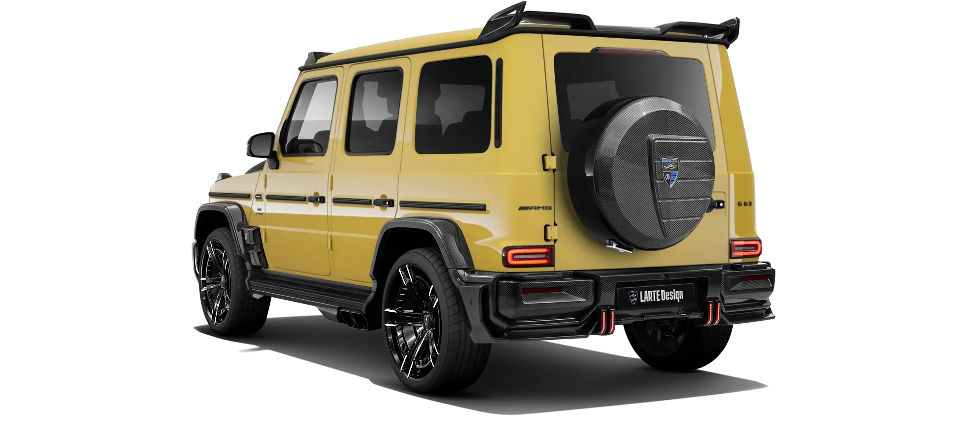 MERCEDES G 63 W463A FACELIFT 2024 - 2026 WIDEBODY with carbon body kit: back view shown in Sun Yellow