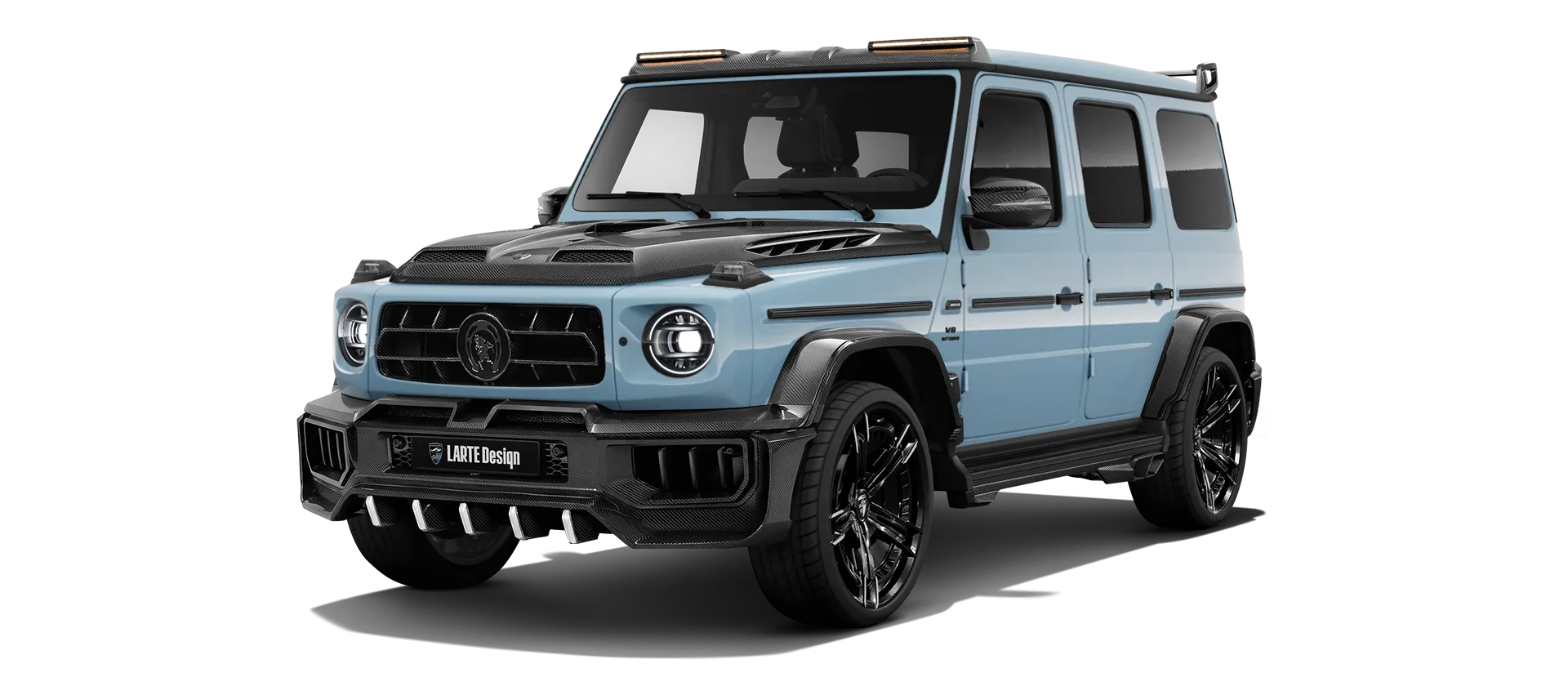 MERCEDES G 63 W463A FACELIFT 2024 - 2026 WIDEBODY with carbon body kit: front view shown in Vintage Blue