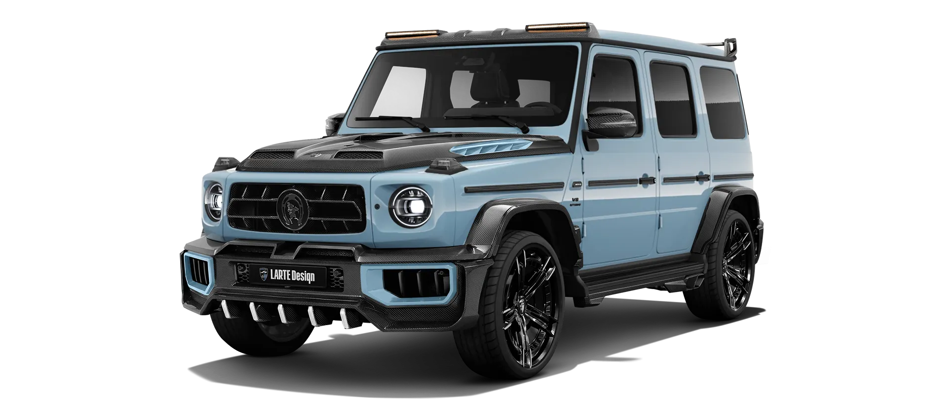 MERCEDES G 63 W463A FACELIFT 2024 - 2026 WIDEBODY with painted body kit: front view shown in Vintage Blue