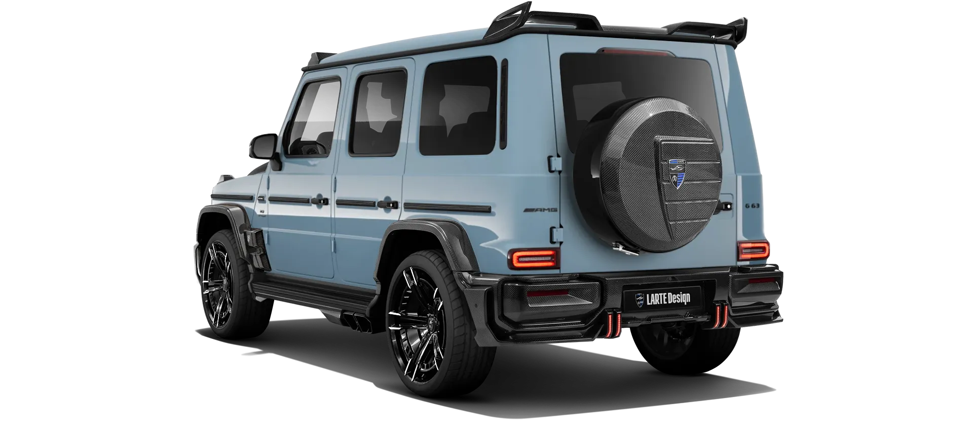 MERCEDES G 63 W463A FACELIFT 2024 - 2026 WIDEBODY with carbon body kit: back view shown in Vintage Blue