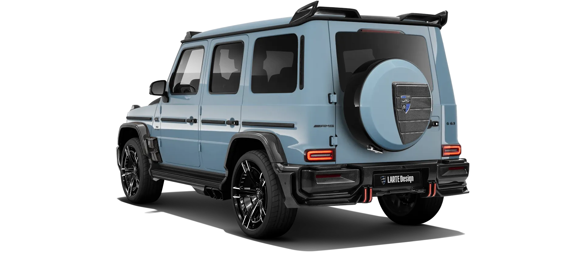 MERCEDES G 63 W463A FACELIFT 2024 - 2026 WIDEBODY with painted body kit: rear view shown in Vintage Blue