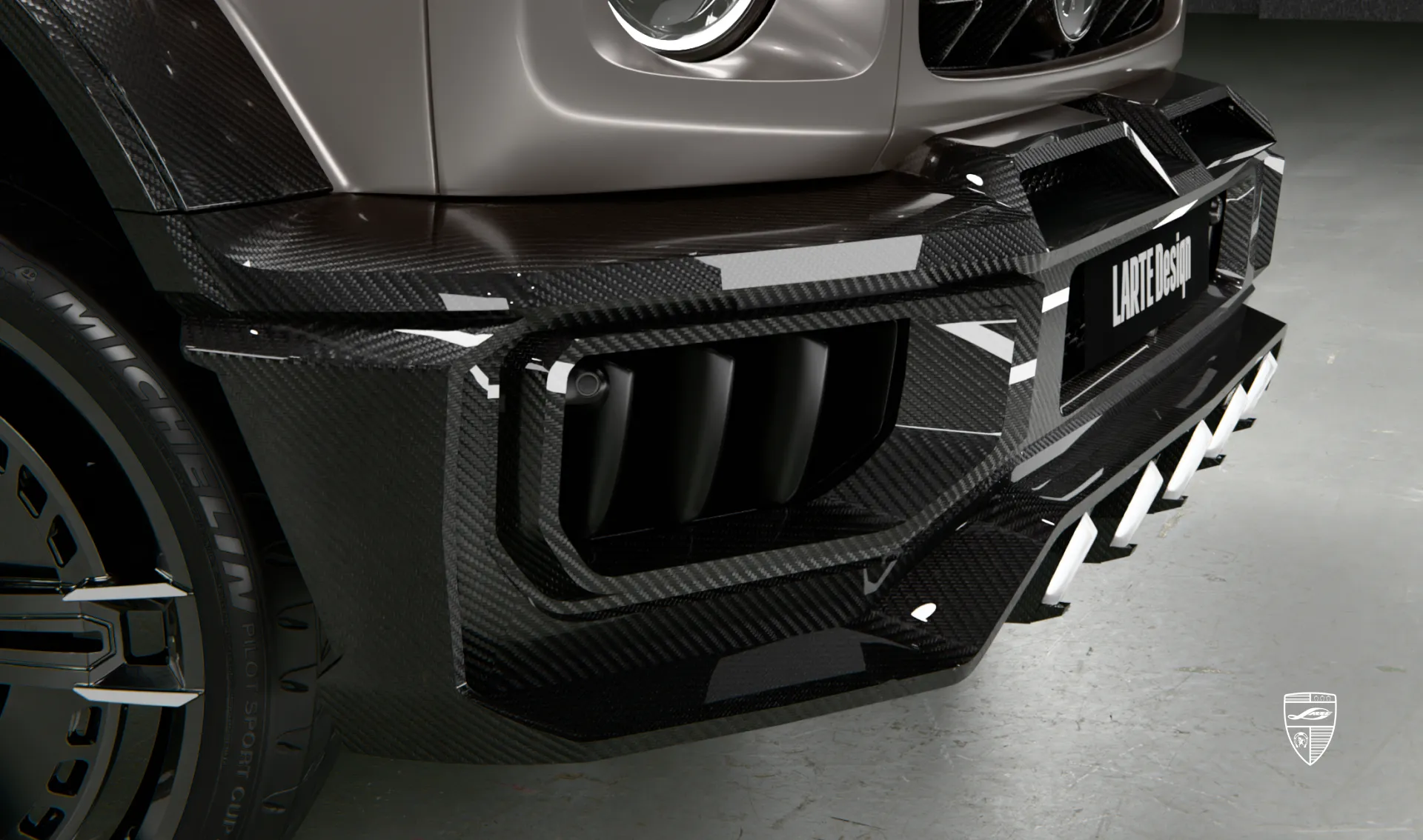 Front bumper upgrade for the luxury car wide AMG 63 G-Class Facelift from LARTE Design