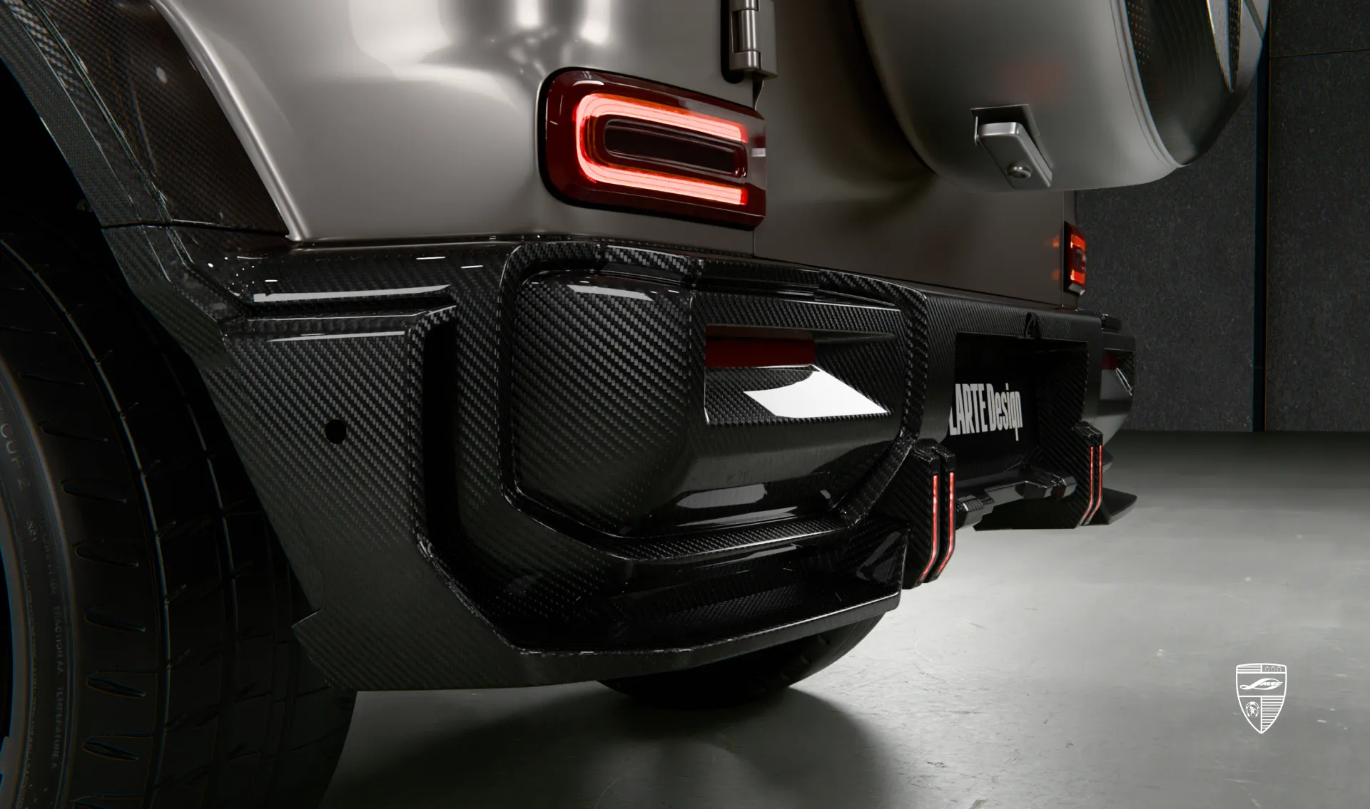 Rear bumper upgrade for the luxury car wide AMG 63 G-Class Facelift from LARTE Design