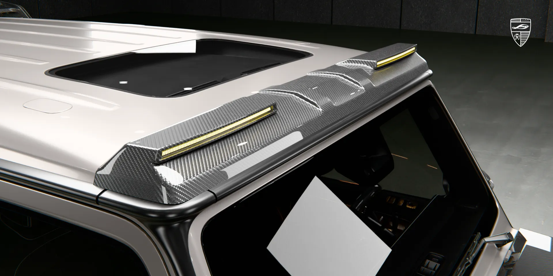 Carbon roof trim on G 63 AMG facelift, top view detail
