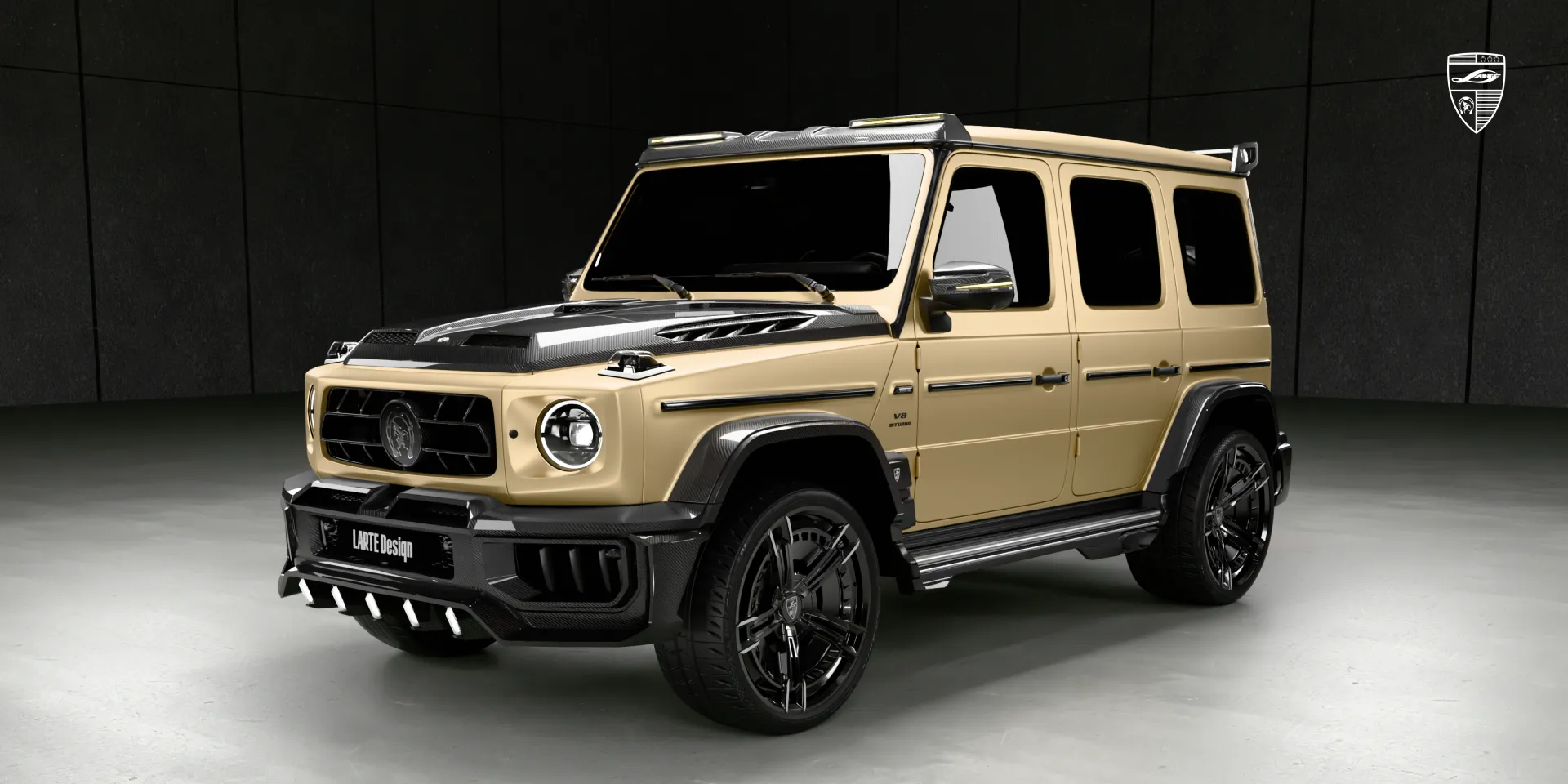 Widebody fender flares on Mercedes G 63, close‑up from front three‑quarter