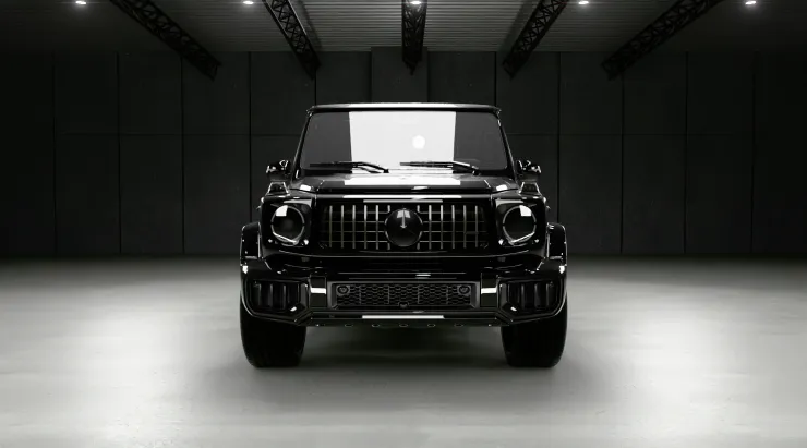 Front view on a MERCEDES G 63 W463A FACELIFT 2024 - 2026 WIDEBODY with a body kit giving the car a custom appearance