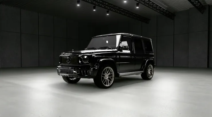 Front angle view on a MERCEDES G 63 W463A FACELIFT 2024 - 2026 WIDEBODY with a body kit giving the car a custom appearance