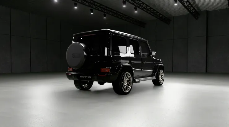 Rear angle view on a MERCEDES G 63 W463A FACELIFT 2024 - 2026 WIDEBODY with a body kit giving the car a custom appearance