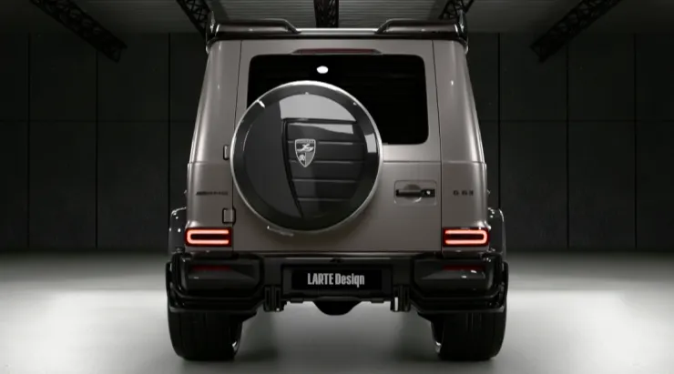 Rear view on a MERCEDES G 63 W463A FACELIFT 2024 - 2026 WIDEBODY with a body kit giving the car a custom appearance