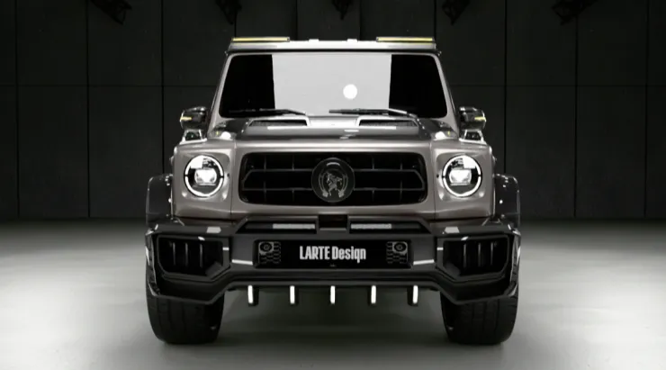 Front view on a MERCEDES G 63 W463A FACELIFT 2024 - 2026 WIDEBODY with a body kit giving the car a custom appearance