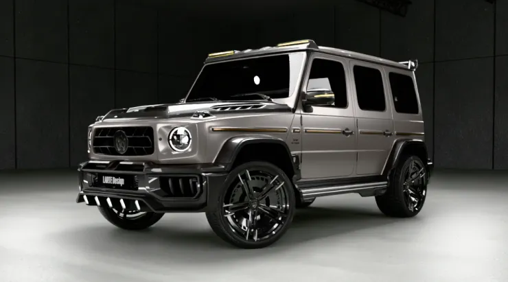 Front angle view on a MERCEDES G 63 W463A FACELIFT 2024 - 2026 WIDEBODY with a body kit giving the car a custom appearance