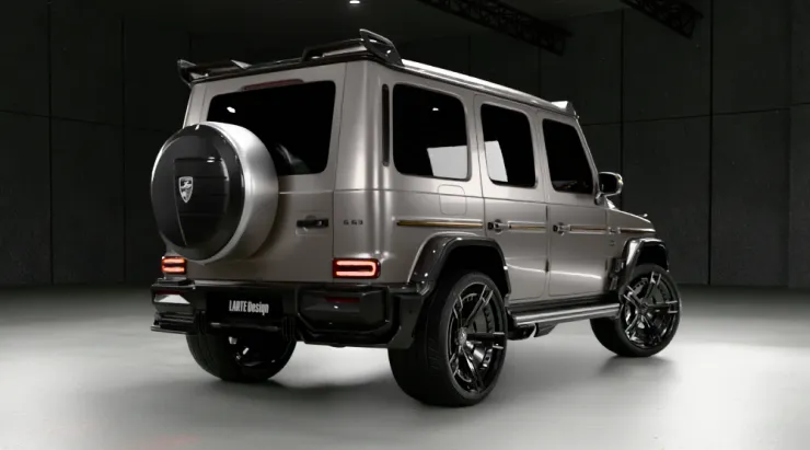 Rear angle view on a MERCEDES G 63 W463A FACELIFT 2024 - 2026 WIDEBODY with a body kit giving the car a custom appearance