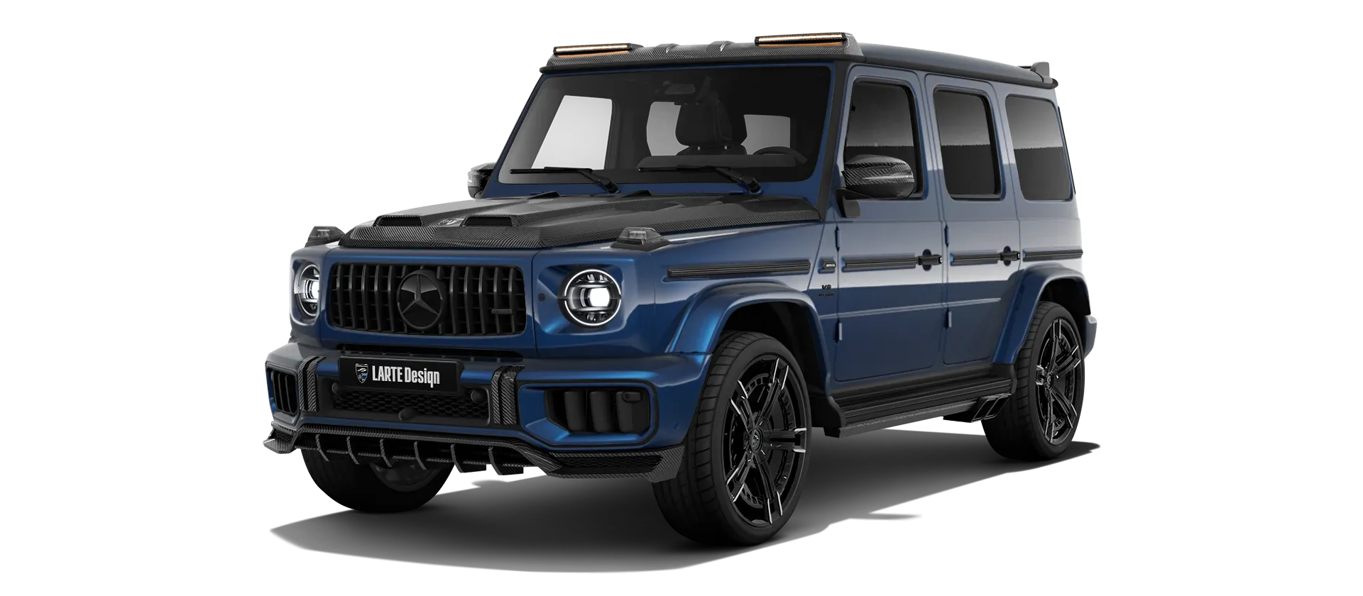 MERCEDES G 63 W463 FACELIFT 2024 - 2026 with carbon body kit: front view shown in Blilliant Blue