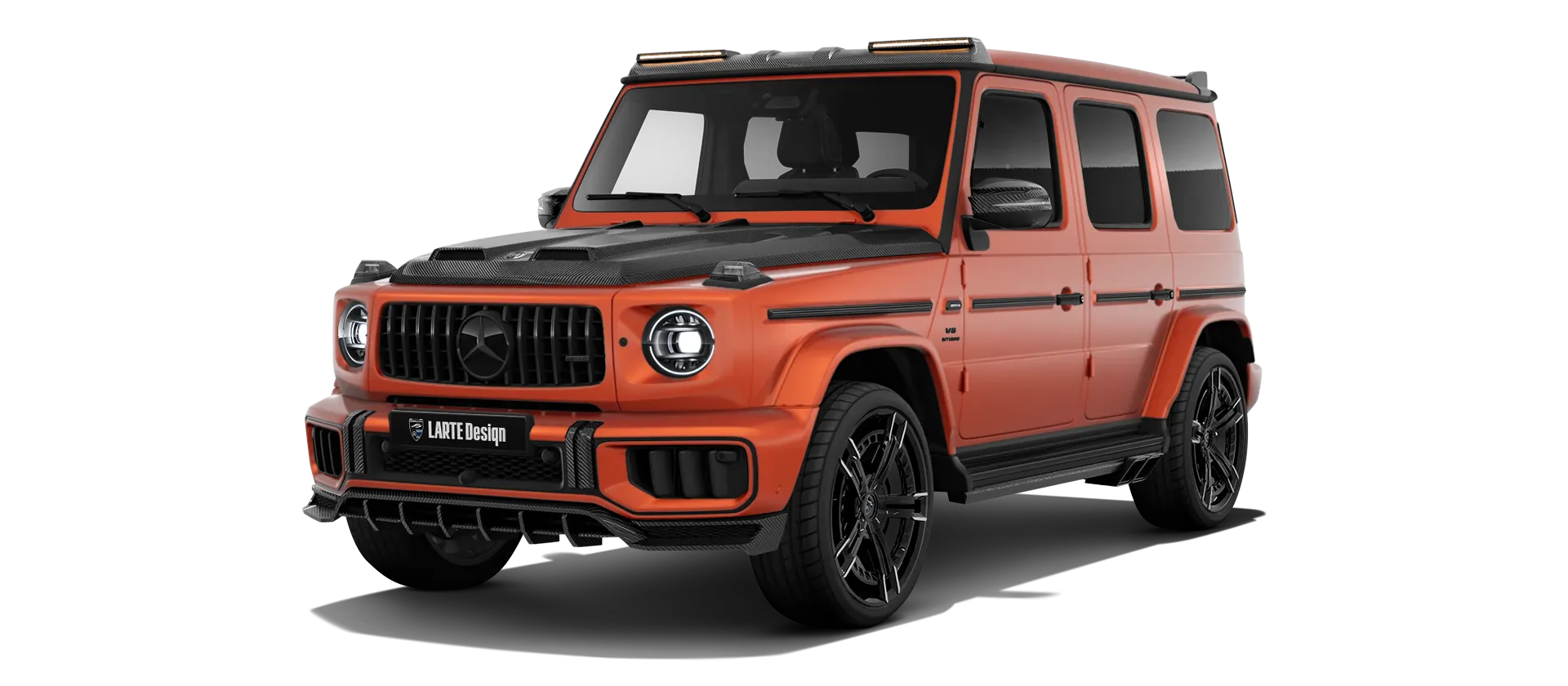 MERCEDES G 63 W463 FACELIFT 2024 - 2026 with carbon body kit: front view shown in Copper Orange Magno