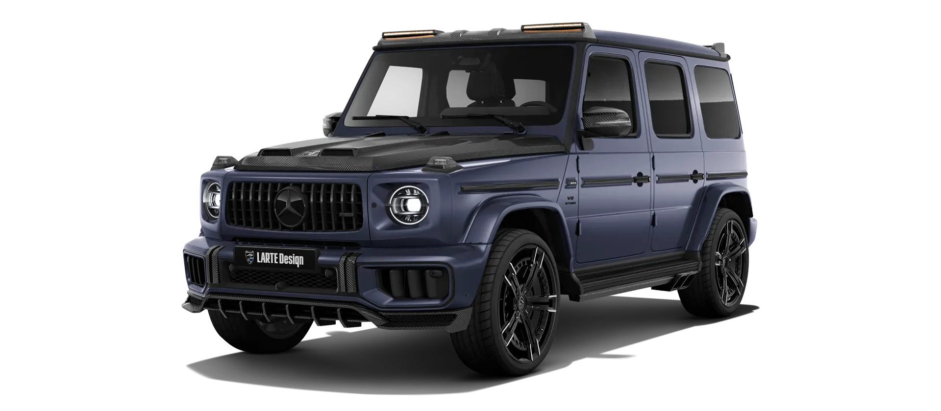 MERCEDES G 63 W463 FACELIFT 2024 - 2026 with carbon body kit: front view shown in Dark Blue Magno