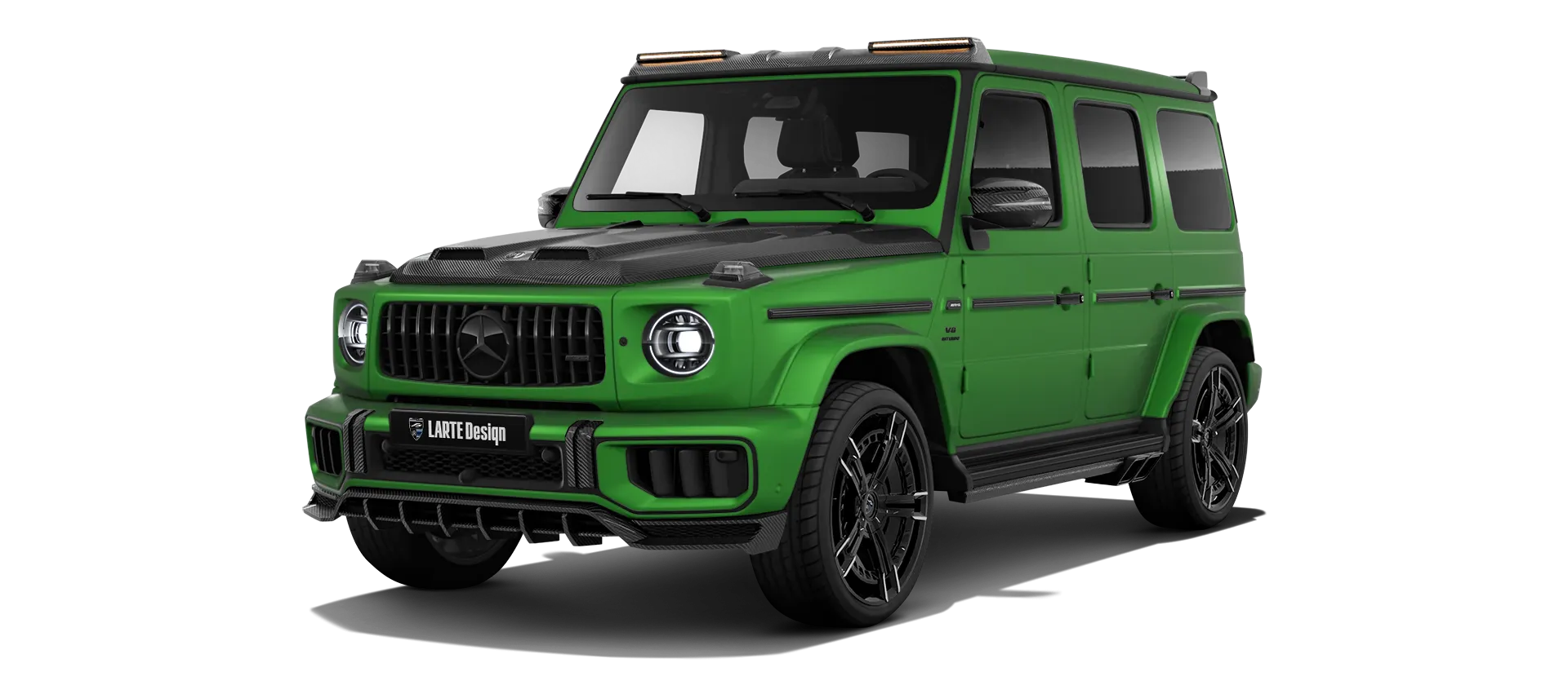 MERCEDES G 63 W463 FACELIFT 2024 - 2026 with carbon body kit: front view shown in Green Hell Magno