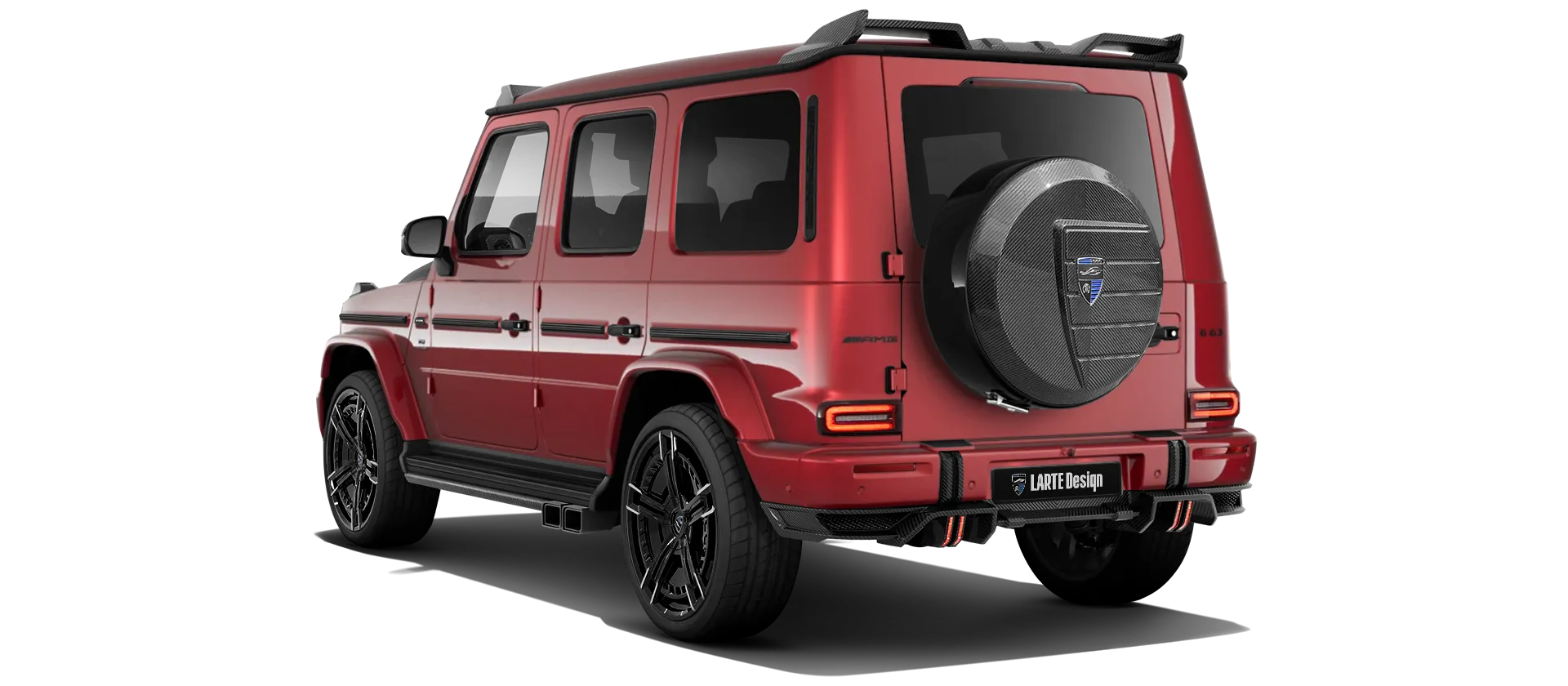 MERCEDES G 63 W463 FACELIFT 2024 - 2026 with carbon body kit: back view shown in Hyacinthe Red