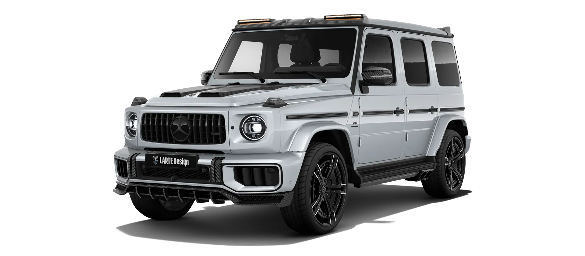 MERCEDES G 63 W463 FACELIFT 2024 - 2026 with painted body kit: front view shown in Iridium Silver