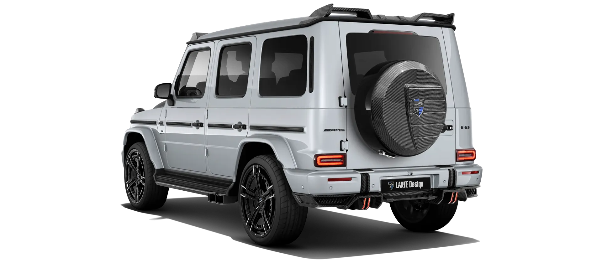 MERCEDES G 63 W463 FACELIFT 2024 - 2026 with carbon body kit: back view shown in Iridium Silver